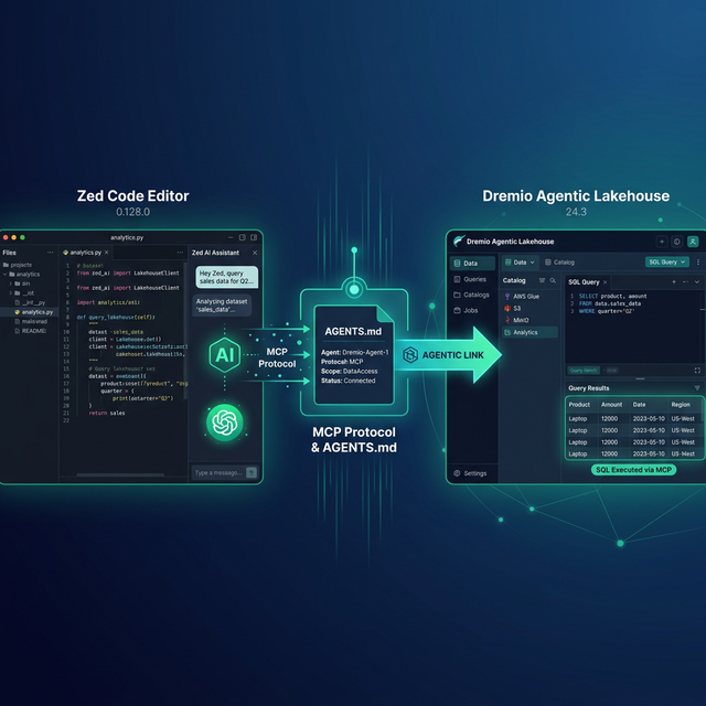 Zed code editor AI assistant connecting to Dremio Agentic Lakehouse via MCP