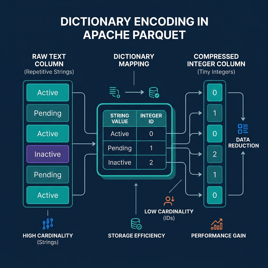Diagram of Dictionary Encoding mapping text strings to small integer identifiers