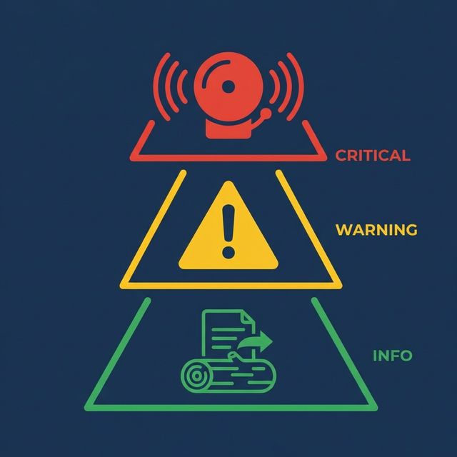 Alert severity levels: critical triggers pages, warning goes to channel, info logged